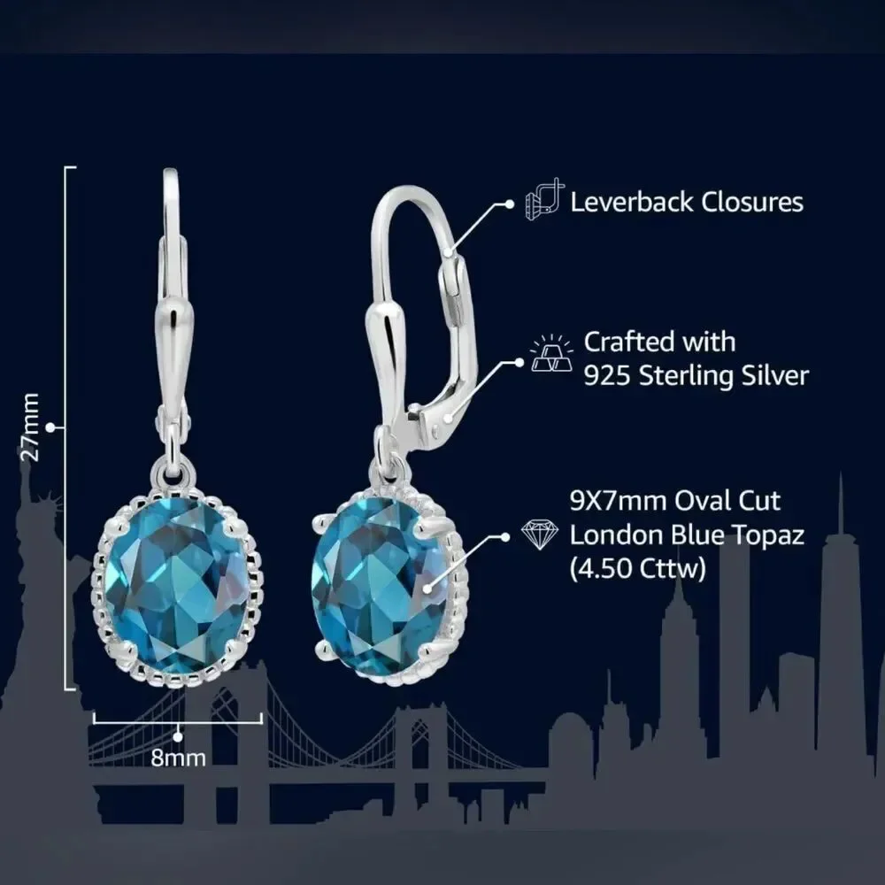 925 Sterling Silver with 4.50 Cttw London Blue Topaz Oval Leverback Earrings